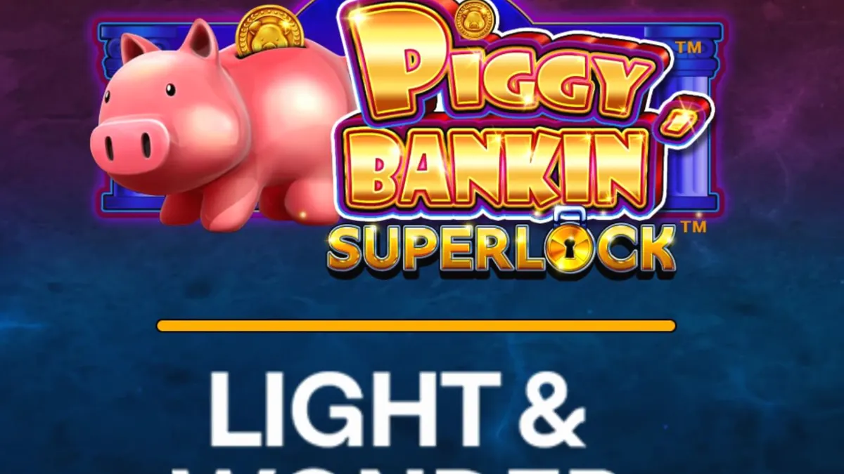 Tampilan layar slot Piggy Bankin’ Super Lock dengan tema kekayaan dan kemewahan, menampilkan celengan emas dan simbol uang.