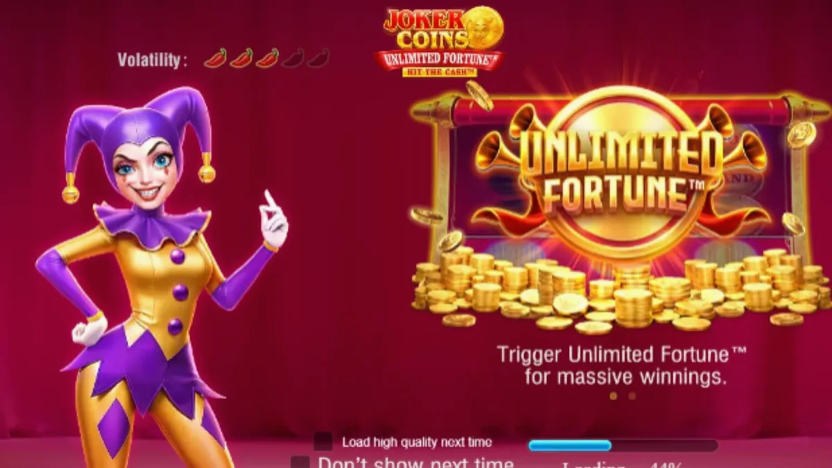 Joker Coins Unlimited Fortune slot machine interface with neon fruit symbols and gold coins
